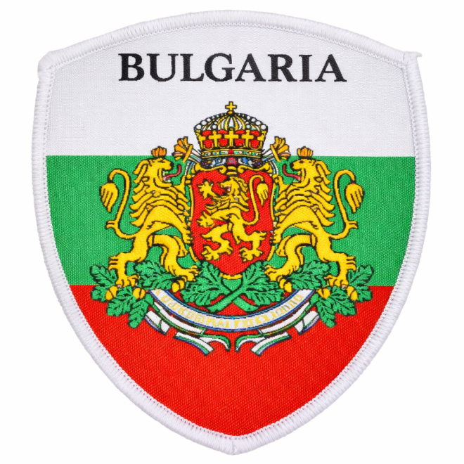 Текстилна нашивка щит с българско знаме, герб и надпис Bulgaria 207677